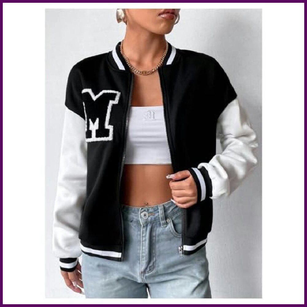 Polyester Bomber Jacket Varsity Style Zip Up Long… - image 4